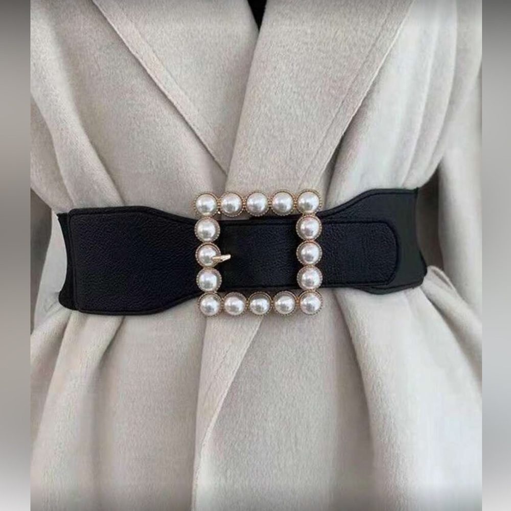 Elegant Black Belt with Pearl Buckle